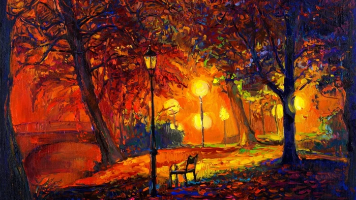 painting of park digital wallpaper art nature trees 2k