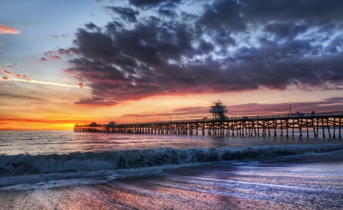 Pier Sunset ocean waves Nature Beach California hdr san clemente 2k