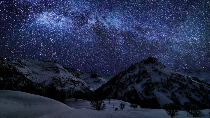 snow covered mountains stars nature space landscape night 2k