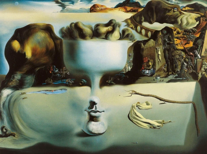 white goblet painting surrealism picture Salvador Dali The phenomenon of Face and Fruit bowl on a Beach 2k