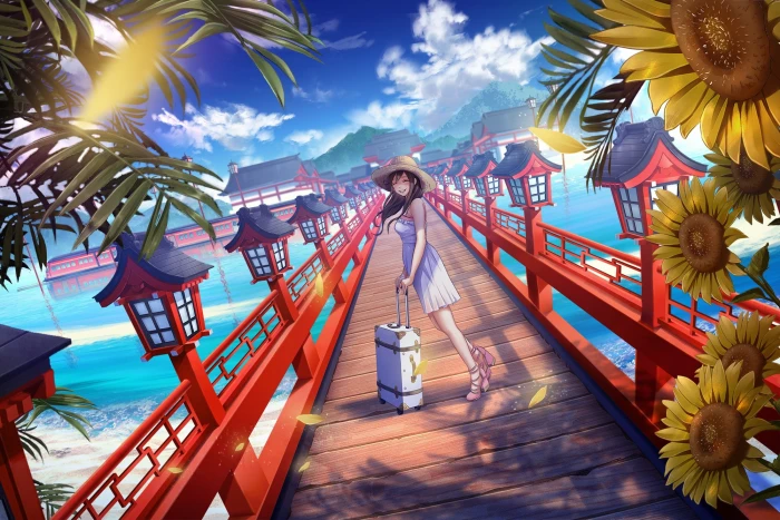 anime girls beach clouds dress flowers hat long hair 2k
