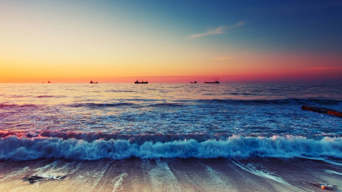 beach shore Sun sunrise sea horizon ship water sky sunset 2k