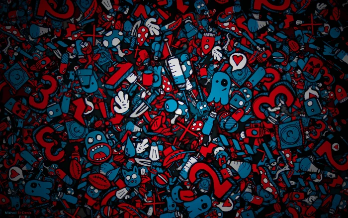 blue and red monsters illustration Faces Syringe Piling up 2k