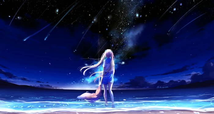 girl standing on beach under meteor shower sky Anime 2k 4k