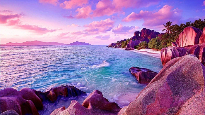 nature sky sea purple shore coast rock ocean la digue 2k