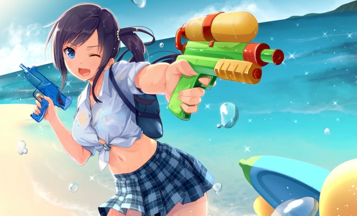 anime girls original characters water guns skirt 2k 4k