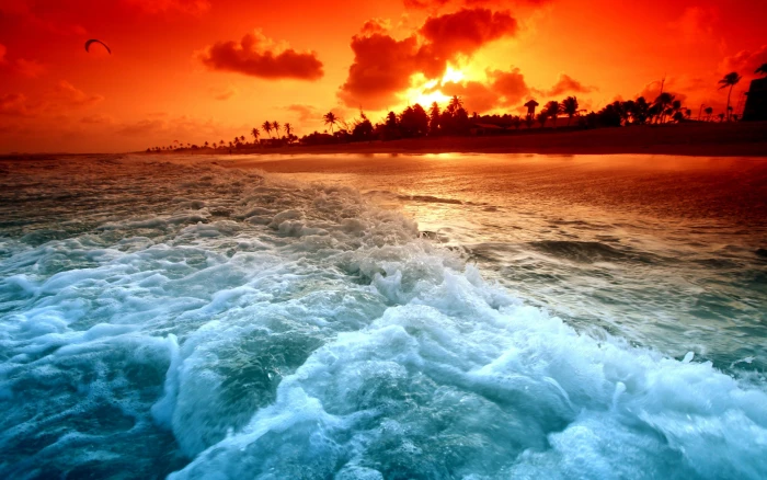 Beach sunset and beach waves long with rough water 2k