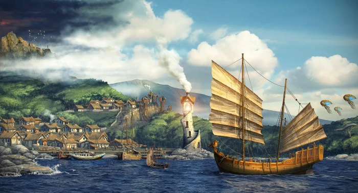 brown junk ship digital wallpaper art sailing 2k