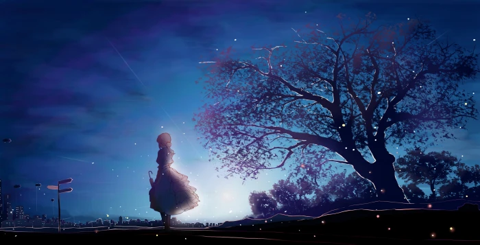 silhouette of tree anime girls Violet Evergarden short hair 2k 4k
