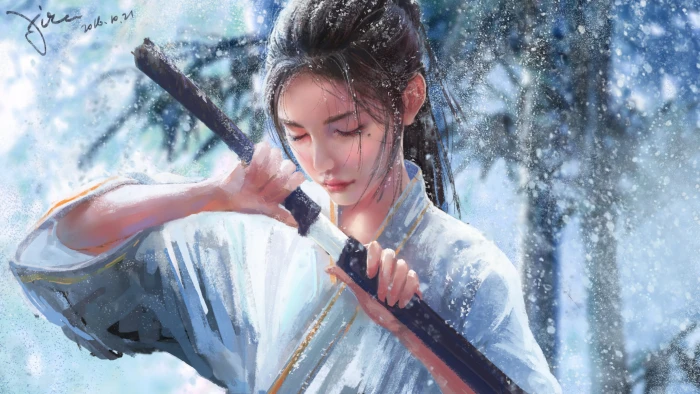 woman holding katana sword painting women samurai artwork 2k