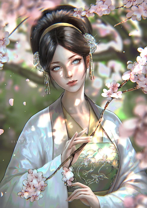 fantasy art girl dark hair flowers plants blue eyes ArtStation artwork hanfu Toph Beifong HD phone wallpaper