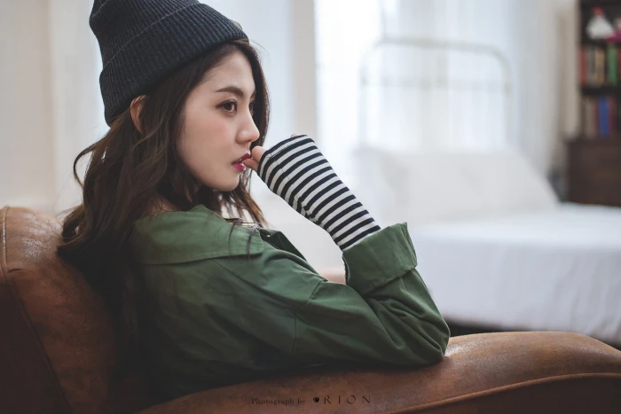 chair looking away Korean long hair women sitting brunette 2k