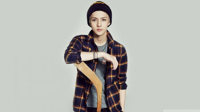 men s blue knit cap K pop Sehun Exo plaid simple background 2k