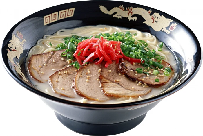 black ceramic bowl with pork ramen meat soup herbs vegetables 2k