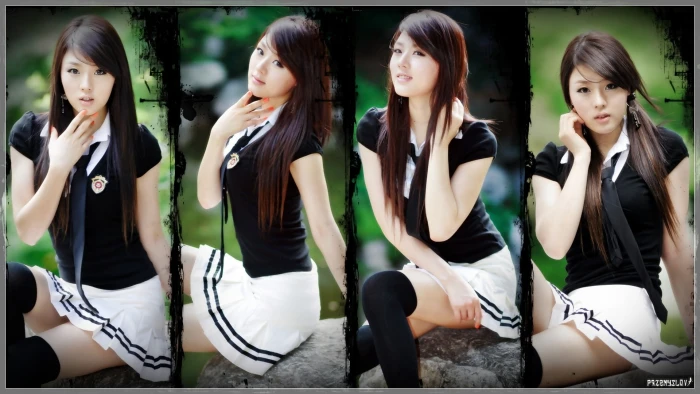 brunettes women school uniforms schoolgirls tie skirts long hair hwang mi hee asians korean sitting People Long HD Art 2k