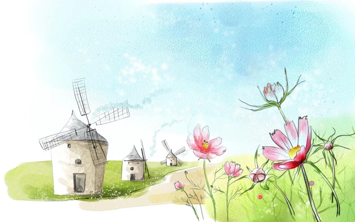 Mills beige and grey windmill near pink flowers painting landscape 2k