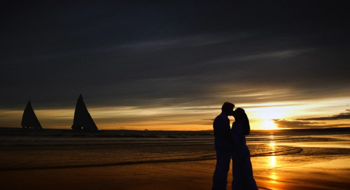 silhouette couple kissing near beach sunset love young people 2k 4k 5k 8k