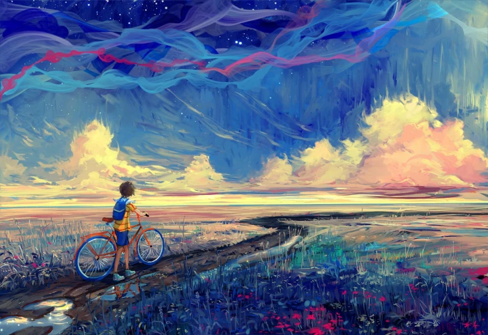 anime scene wallpaper bicycle artwork fantasy art painting 2k