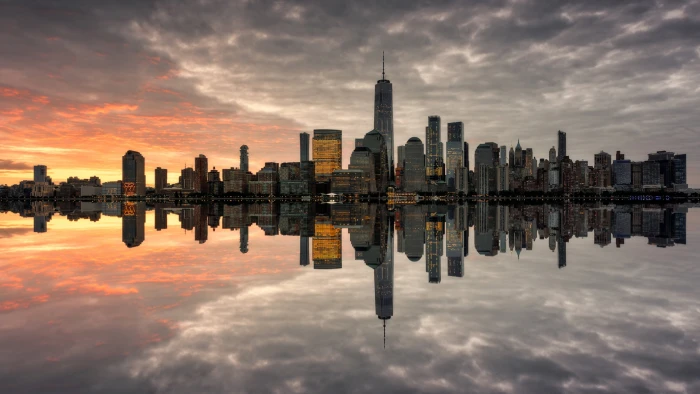 Manhattan Skyline The Most Populated New York City Sunnset Reflection In Water Miror Ultra Hd Wallpaper For Desktop Mobile Phones And Laptops 2k 4k