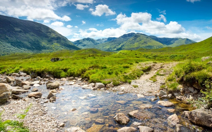 Scotland nature scenery mountains grass stream rocks water valley clouds 2k