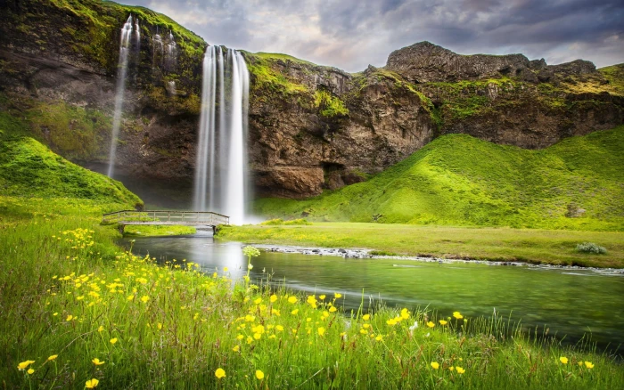 Waterfall river summer nature landscape 2k