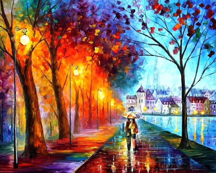 abstract painting of man and woman street light couple fall 2k