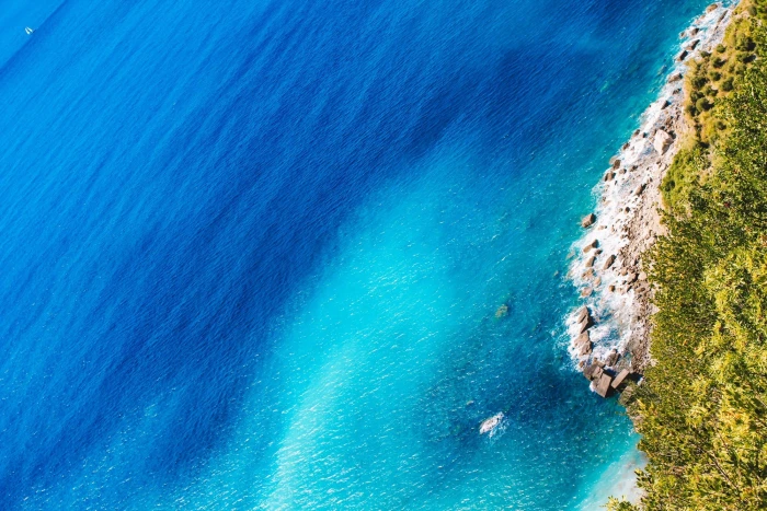 aerial photography of beach sea blue water trees beauty in nature 2k