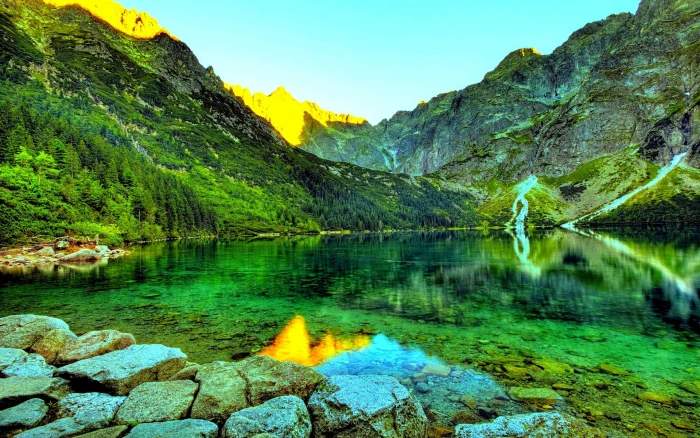 lake near mountain range nature Morskie Oko rocks Poland 2k