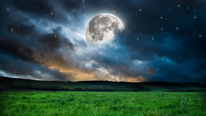 moon fullmoon full grassland field night horizon 2k 4k