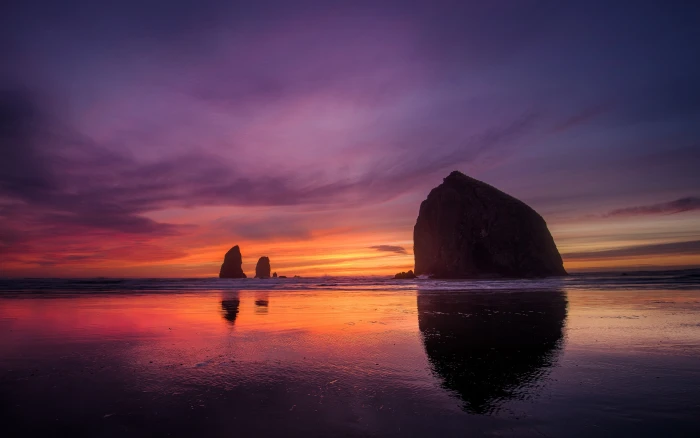 silhouette of mountain landscape sunset sea purple sky beach 2k 4k