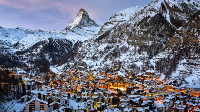 snow coated brown mountain Switzerland mountains winter town 2k