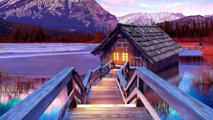 boathouse lake mountain stairs scenery nature mountains 2k