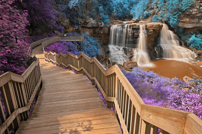 brown wooden stairs surrounded by purple and blue petal flower plant near water falls blackwater inca 2k