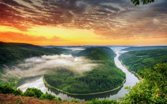 Germany scenery Saarland the river bend mountains sunset orange sky clouds 2k