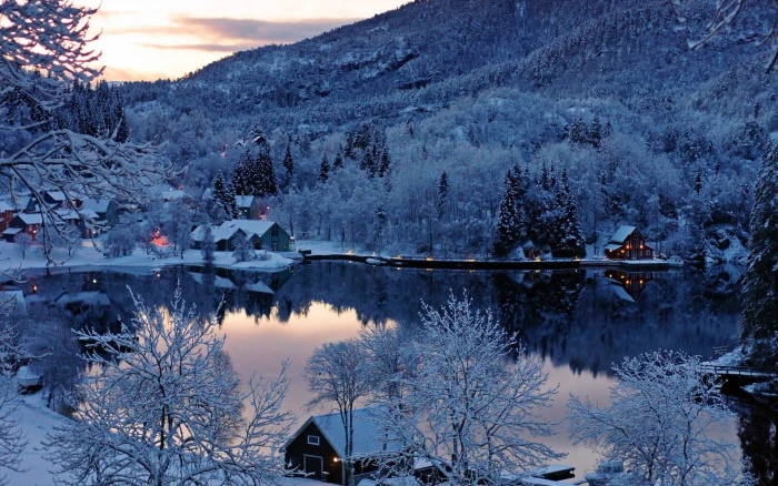 Lake House Trees Forest Winter Snow Reflection HD house near forest covered in snow 2k