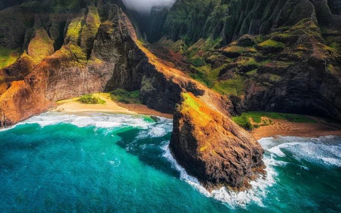 nature Kauai Hawaii Na Pali Coast tropical cliff aerial view 2k