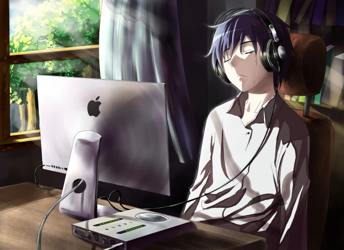 male anime character in front iMac monitor illustration guy 2k 4k