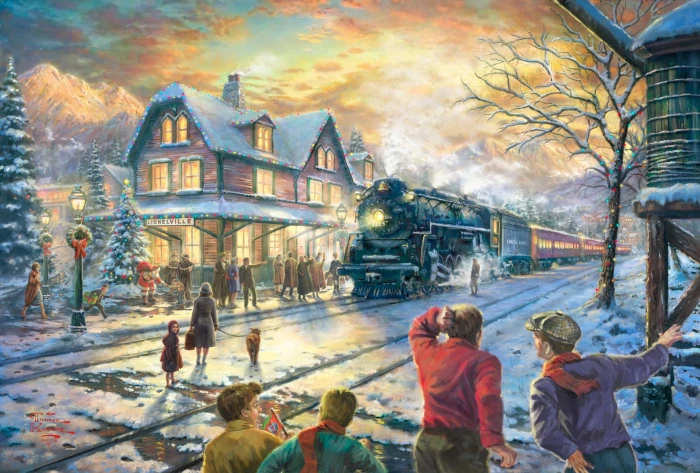 painting of people near train and brown house during winter snow 2k