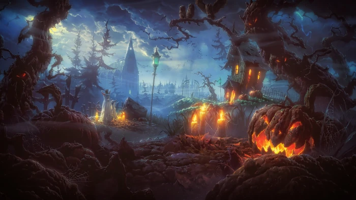 castle trees and pumpkin digital wallpaper Halloween Terror 2k 4k
