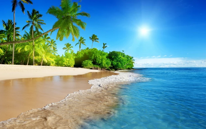 Tropical paradise sunshine seashore beach coast sky blue 2k