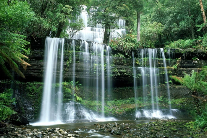 water falls on black rock nature landscape trees forest stones 2k