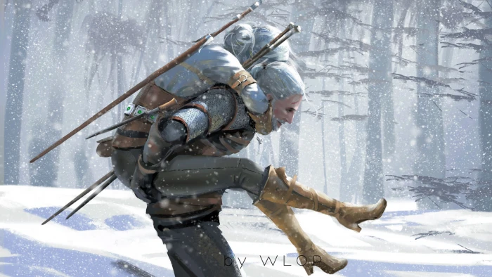 WLOP artwork The Witcher piggyback Cirilla video games 2k 4k