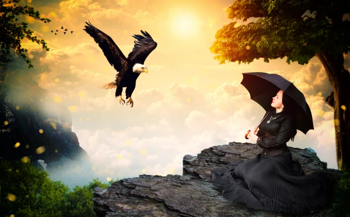 woman wearing black coat girl eagle female wild nature spirit 2k 4k