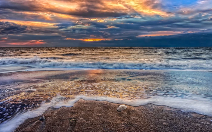 Beach sunset sky clouds sand nature sea ocean waves 2k