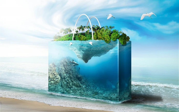 blue and green economy bag illustration aquarium water sea 2k