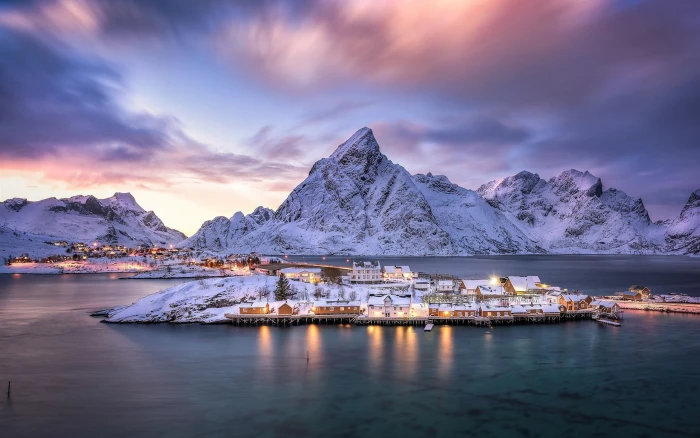 Norway Islands Lofoten Archipelago Reine Landscape Nature Winter Sunset Bay Mountains Sea Night Clouds House Light Snow Wallpaper Hd 2k 4k