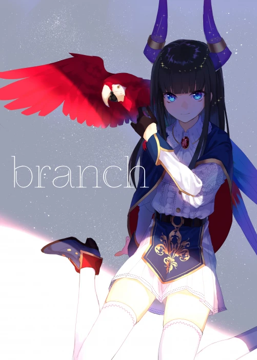 anime girls parrot blue eyes long hair demon horns 2k