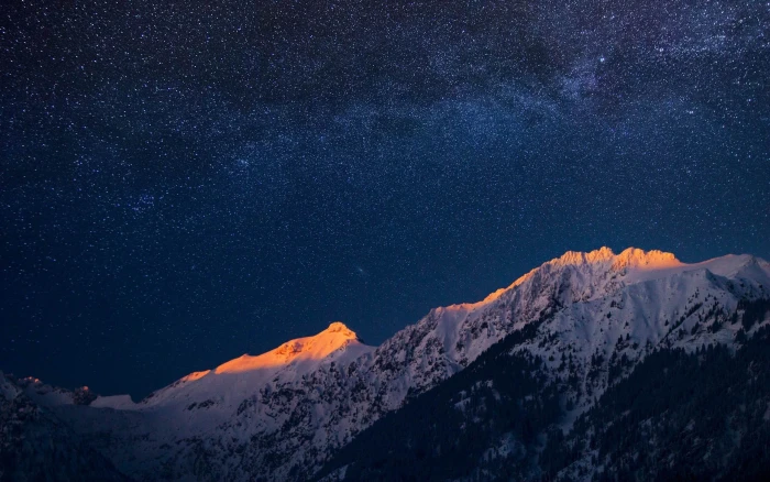 Beautiful night scenery Galaxy HD Wallpaper 16 snowcap mountain and dark sky with stars 2k