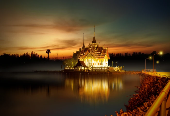 Castle in middle of lake during sunset ancient architecture 2k 4k 5k