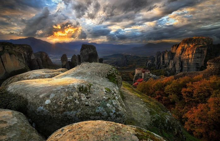 gray and black stone mountain nature landscape sky clouds 2k